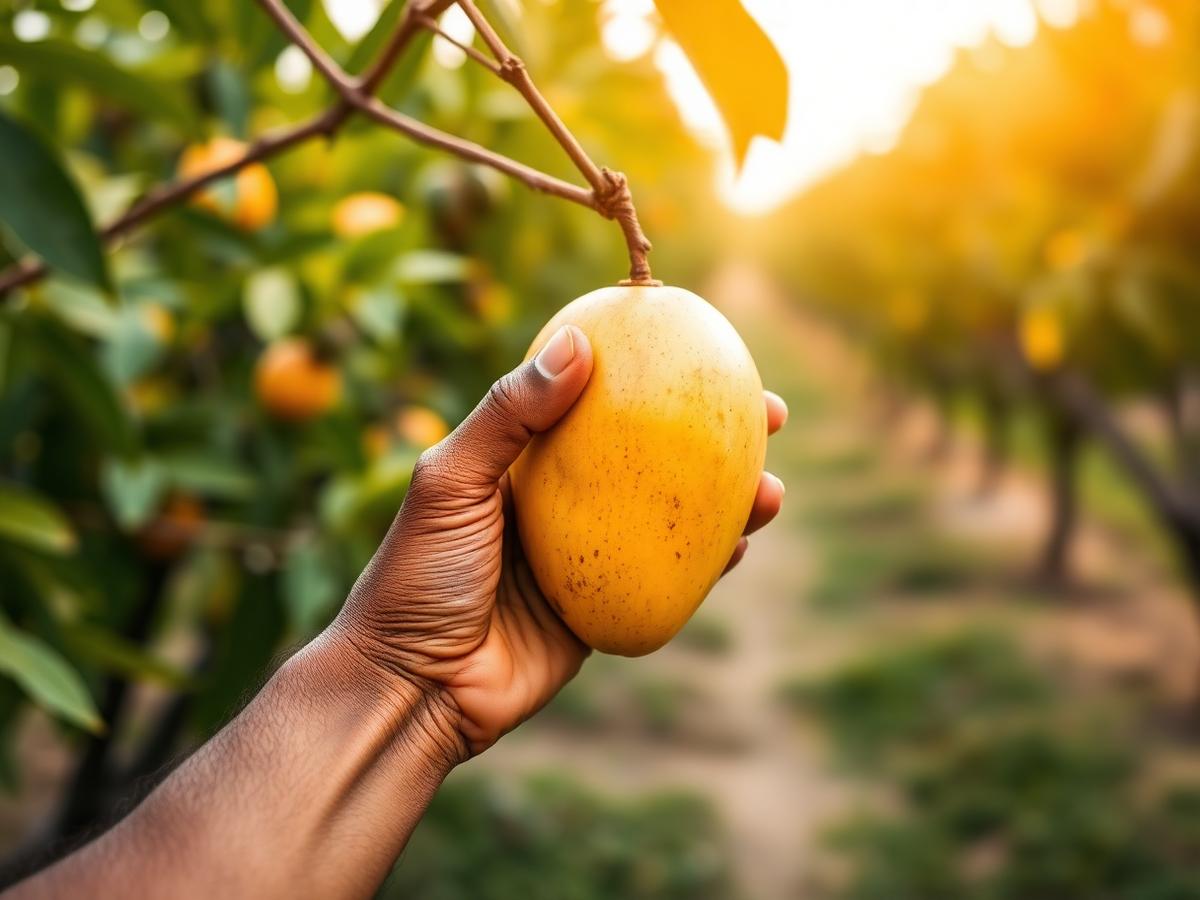 Farmer hand holding a freshly picked mango